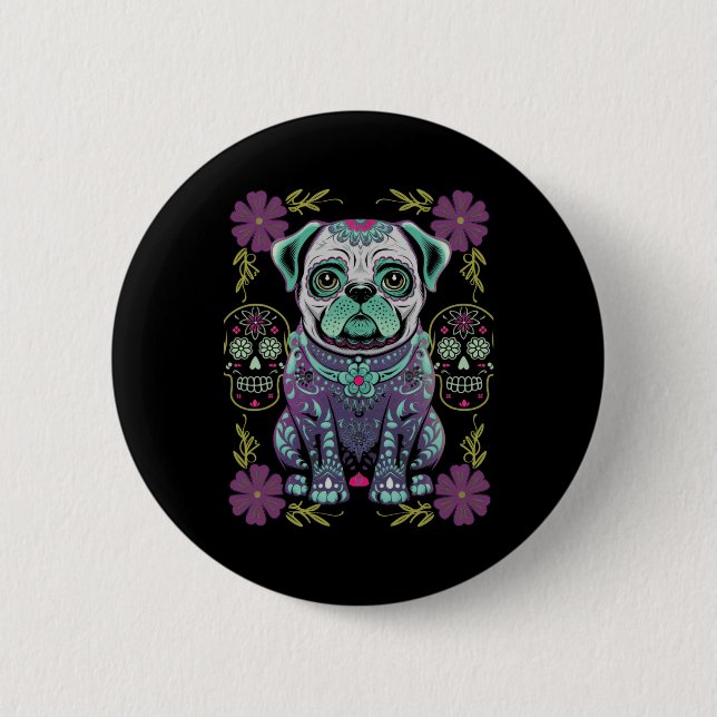 Sugar Skull Halloween Day Dead Pug Dia Los Muertos Knapp (Framsida)