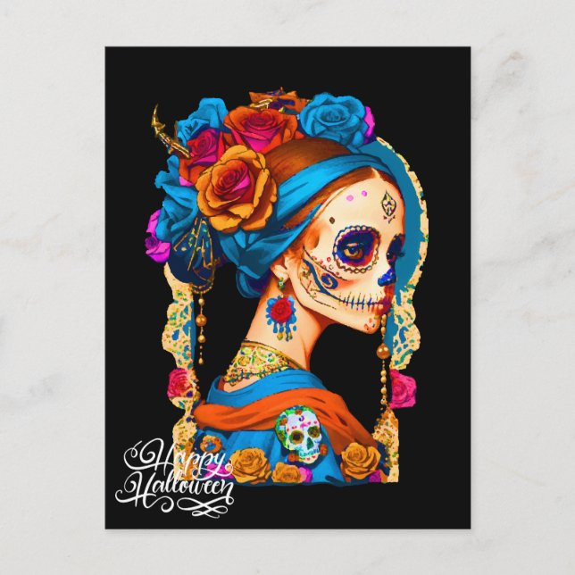 Sugar Skull Halloween, Dia de los Muertos Vykort (Framsida)