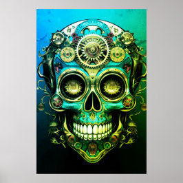 Sugar Skull Images Cool Green + Blue Guy on a Wall Poster