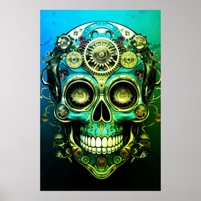 Sugar Skull Images Cool Green + Blue Guy on a Wall Poster (Framsidan)