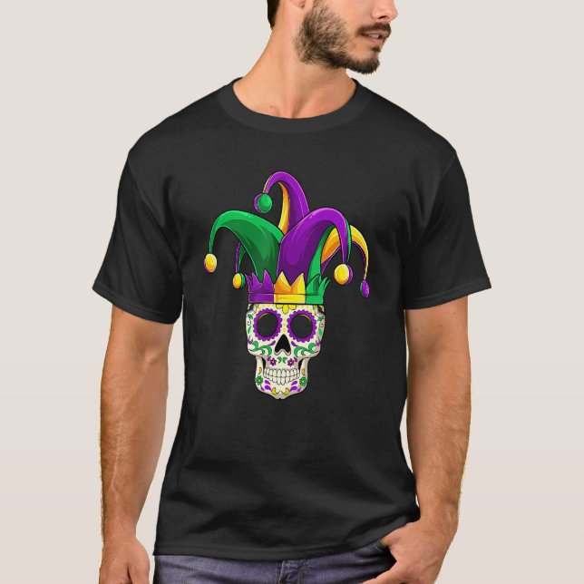 Sugar Skull Jester Costume Mardi Gras, Vuxen Manar T Shirt (Framsida)