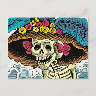 Sugar Skull Lady in Floral Sun Hat Pop Art Graphic Vykort