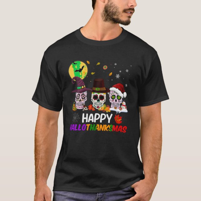 Sugar Skull Lycklig Hallothanksmas Halloween Thank T Shirt (Framsida)