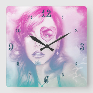 Sugar Skull Makeup Girl, Colorful Square Clock Fyrkantig Klocka