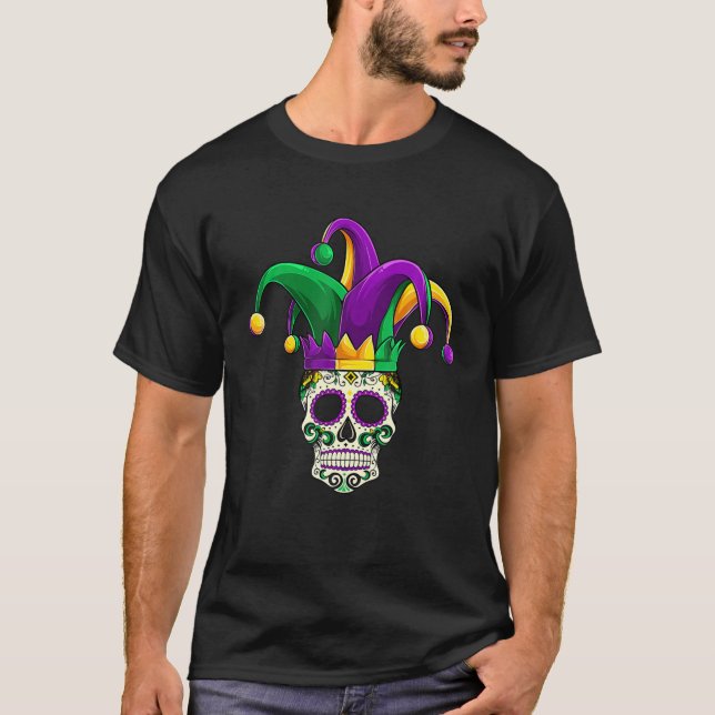 Sugar Skull Mardi Gras, Jester Costume Manar Women T Shirt (Framsida)