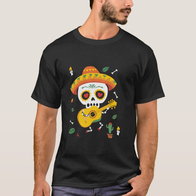 Sugar Skull Mariachi Musician Cactus T Shirt (Framsida)