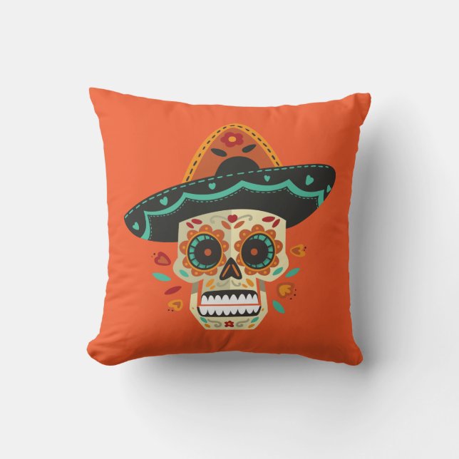 Sugar Skull med Hat Dia de Muertos | Dekorativ kud Kudde (Framsida)