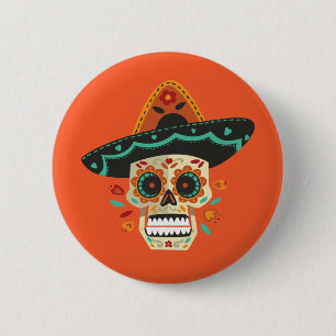 Sugar Skull med Hat Dia de Muertos Knapp