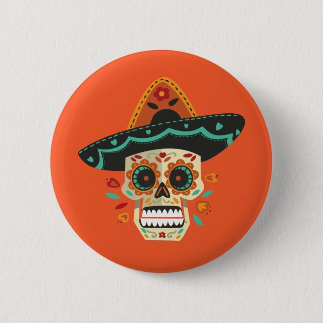 Sugar Skull med Hat Dia de Muertos | Knapp (Framsida)
