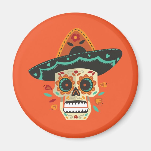 Sugar Skull med Hat Dia de Muertos | Magnet (Framsidan)