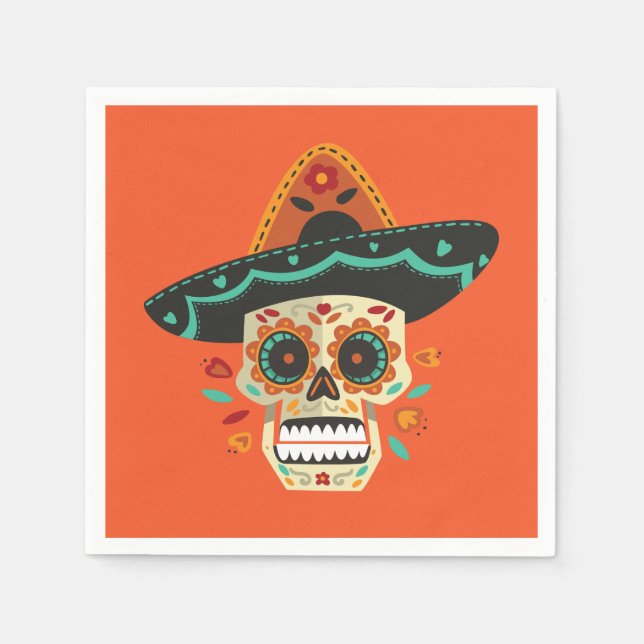 Sugar Skull med Hat Dia de Muertos | Napkin Pappersservett (Framsidan)