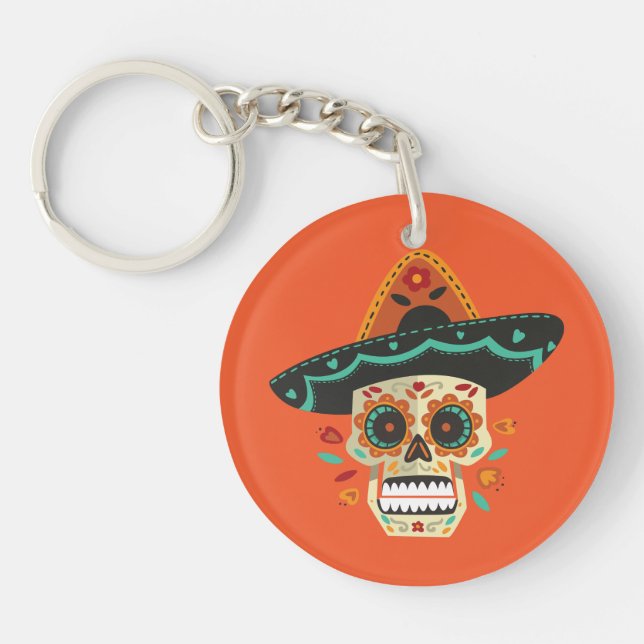 Sugar Skull med Hat Dia de Muertos | Nyckelkedja (Framsidan)