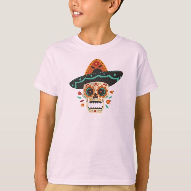 Sugar Skull med Hat Dia de Muertos | Sleeve Shirt T Shirt (Framsida)