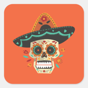 Sugar Skull med Hat Dia de Muertos Sticker Fyrkantigt Klistermärke