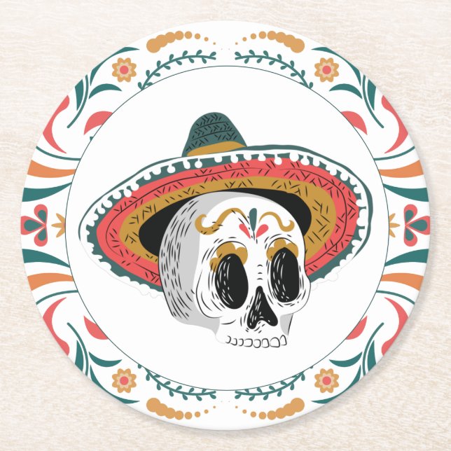 Sugar Skull med Sombrero Underlägg Papper Rund (Framsidan)