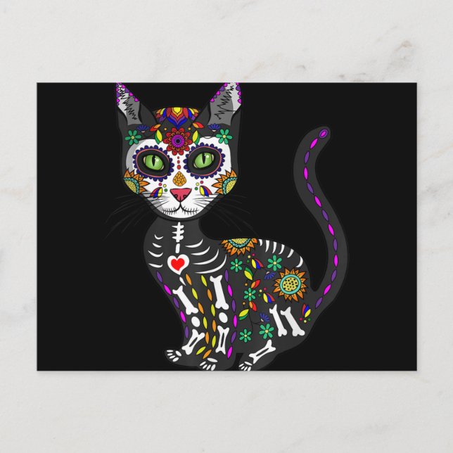 Sugar Skull Mexican Cat Halloween Day Of The Dead Helg Vykort (Framsida)