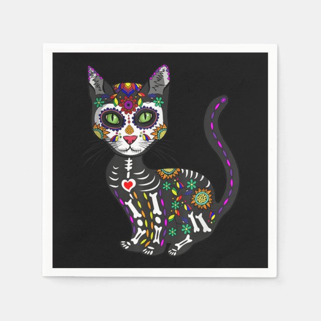 Sugar Skull Mexican Cat Halloween Day Of The Dead Pappersservett (Framsidan)