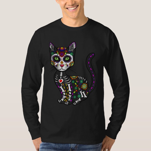 Sugar Skull Mexican Cat Halloween Day Of The Dead T Shirt (Framsida)