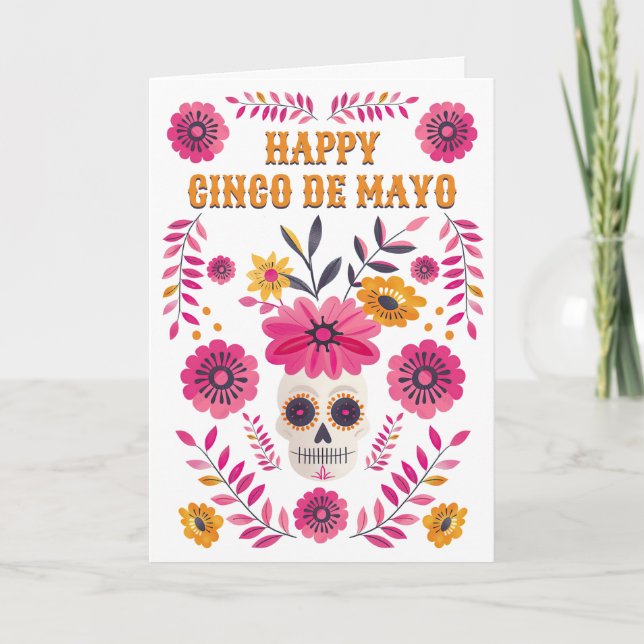 Sugar Skull Mexikanska blommor Lycklig Cinco de Ma Helgkort (Framsida)