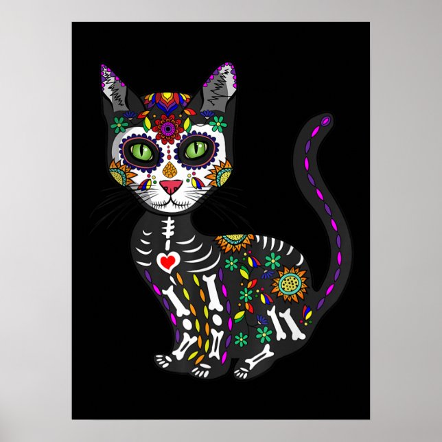 Sugar Skull Mexikanskt katt Halloween Day of the d Poster (Framsidan)