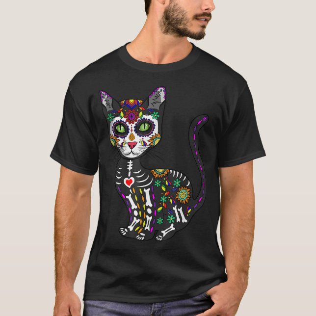 Sugar Skull Mexikanskt katt Halloween Day of the d T Shirt (Framsida)