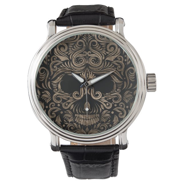 Sugar Skull Ornament Black och Guld Armbandsur (Framsida)