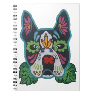 Sugar Skull Rosa Grönt Boston Terrier People Art Anteckningsbok