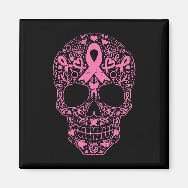Sugar Skull Rosa Ribbon Calavera Breast Cancer Awa Magnet (Framsidan)