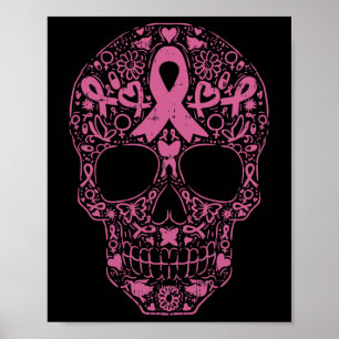 Sugar Skull Rosa Ribbon Calavera Breast Cancer Awa Poster