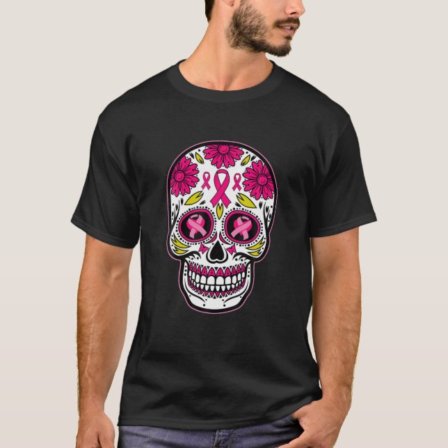 Sugar Skull Rosa Ribbon Calavera Breast Cancer Awa T Shirt (Framsida)