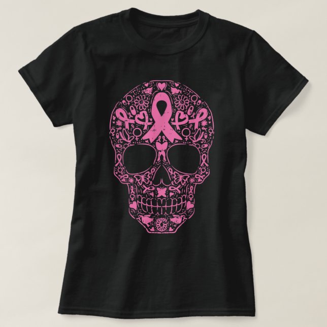 Sugar Skull Rosa Ribbon Calavera Breast Cancer Awa T Shirt (Design framsida)