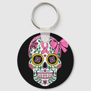 Sugar Skull Rosa Ribbon Calavera Breast Cancer Nyckelring