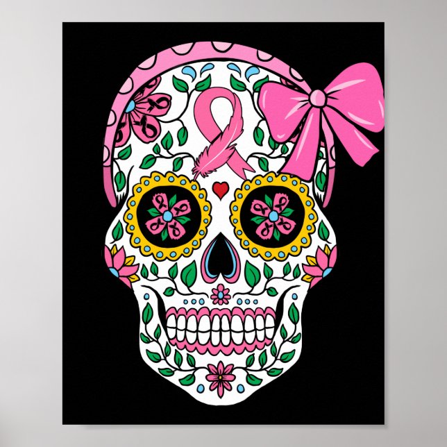 Sugar Skull Rosa Ribbon Calavera Breast Cancer Poster (Framsidan)