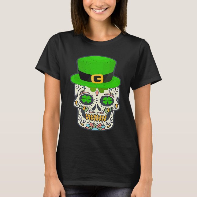 Sugar Skull Saint Patricks Day Of Dead Lucky Hallo T Shirt (Framsida)