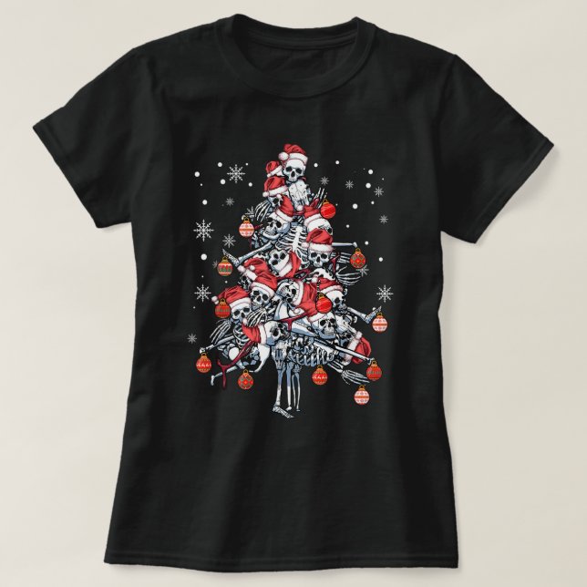 Sugar Skull Santa Hat Christmas Tree Funny Xmas T Shirt (Design framsida)
