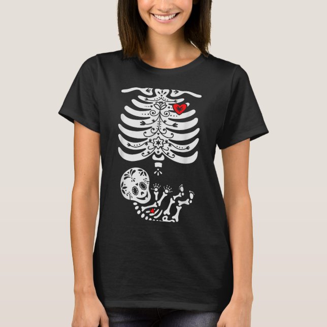 Sugar Skull Skeleton Halloween Pregnancy Annouceme T Shirt (Framsida)
