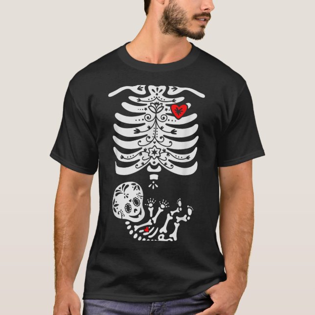 Sugar Skull Skeleton Halloween Pregnancy Annouceme T Shirt (Framsida)
