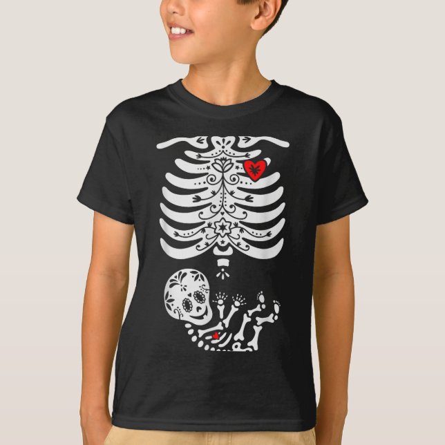 Sugar Skull Skeleton Halloween Pregnancy Annouceme T Shirt (Framsida)