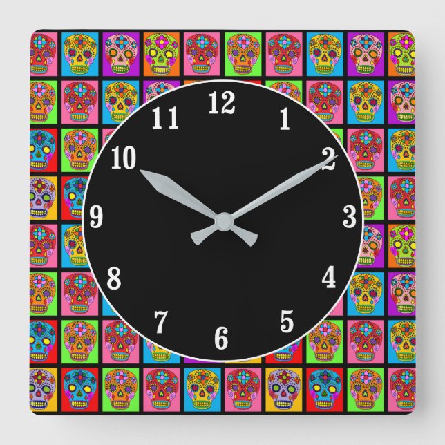 Sugar Skull Squares Fyrkantig Klocka (Framsida)