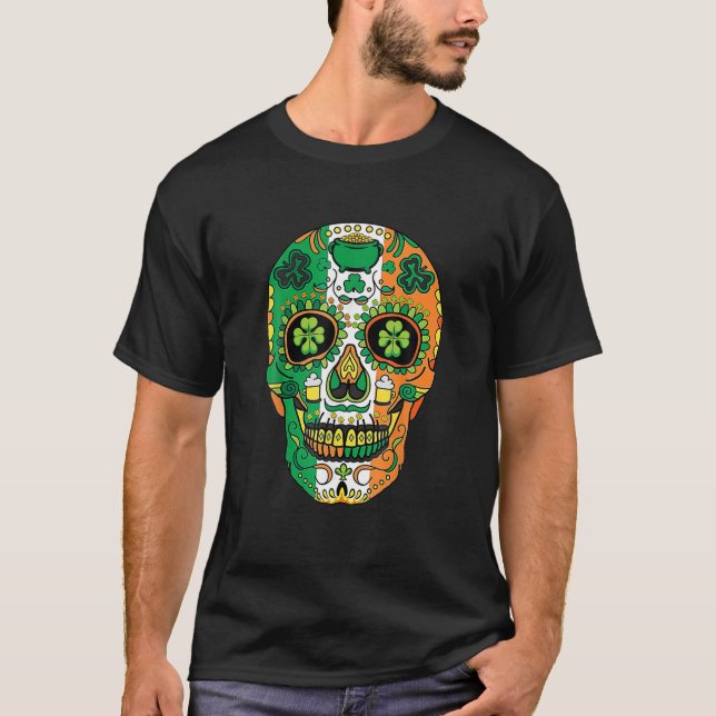 Sugar Skull St Patrick Lucky Shamrock Blommigt Man T Shirt (Framsida)