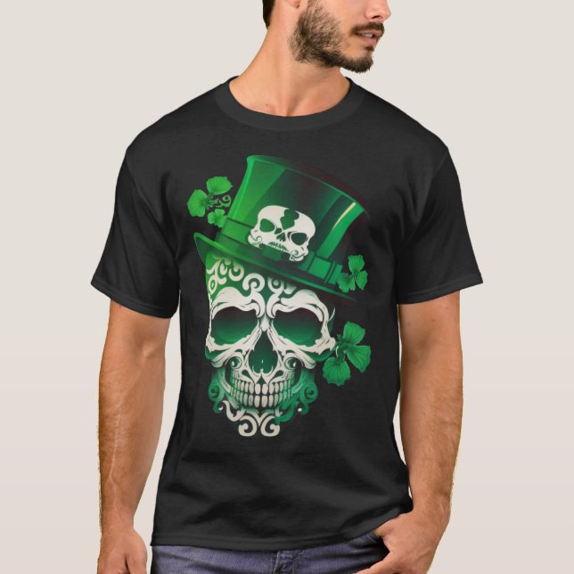 Sugar Skull St Patricks Day Irish Skull Leprechaun T Shirt (Framsida)