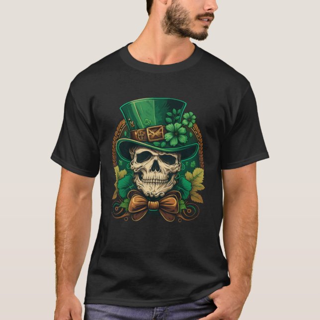 Sugar Skull St Patricks Day Irish Skull Leprechaun T Shirt (Framsida)