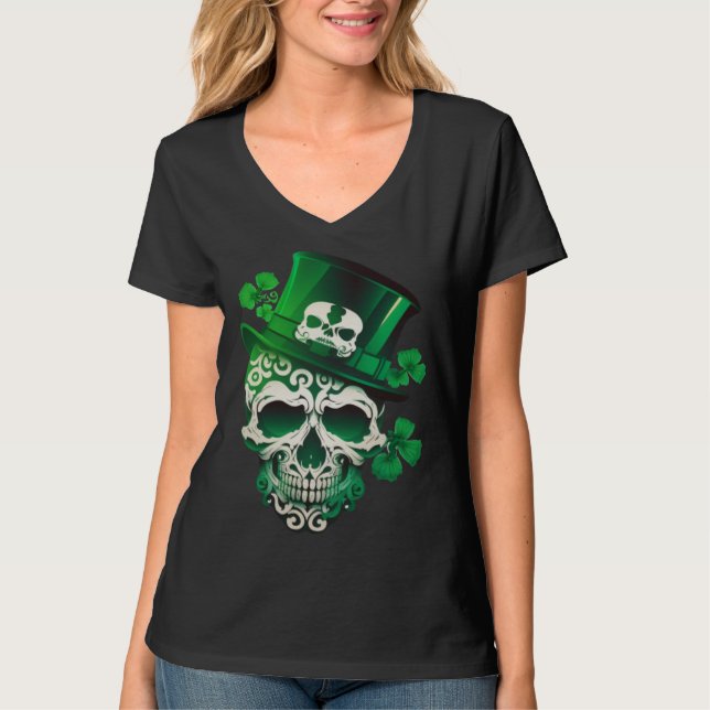 Sugar Skull St Patricks Day Irish Skull Leprechaun T Shirt (Framsida)