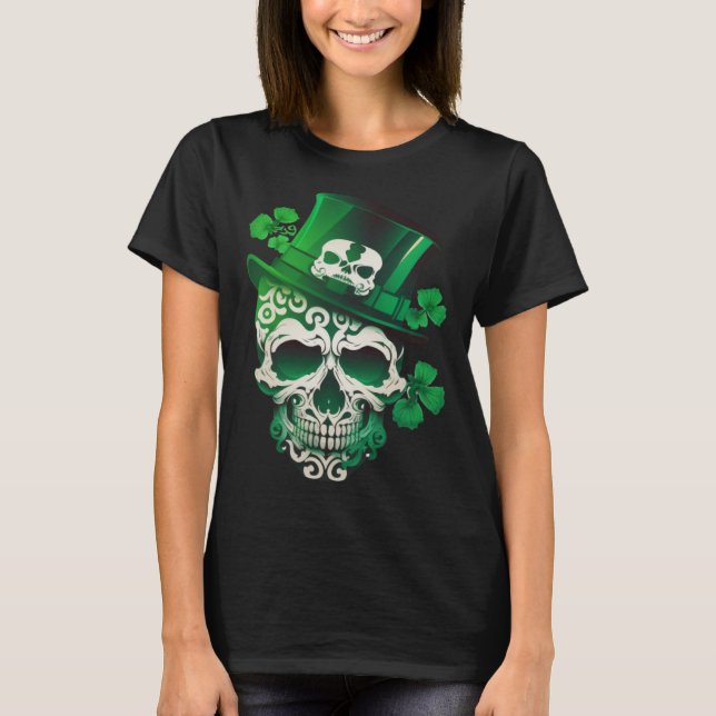 Sugar Skull St Patricks Day Irish Skull Leprechaun T Shirt (Framsida)