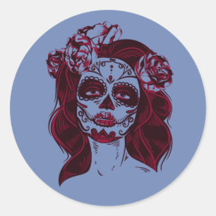 Sugar Skull Sticker Girl Blue-Day of the dead Runt Klistermärke