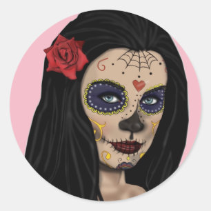 Sugar Skull Sticker Girl-Day of the dead Rosa Runt Klistermärke