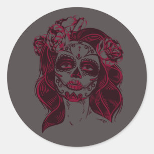 Sugar Skull Sticker Girl Grått-Day of the dead Runt Klistermärke