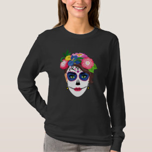 Sugar Skull Tattoo Blommigt Dia de Los Muertos Wom T Shirt