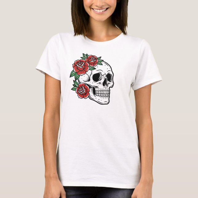 Sugar Skull with Red Roses Poster T Shirt (Framsida)