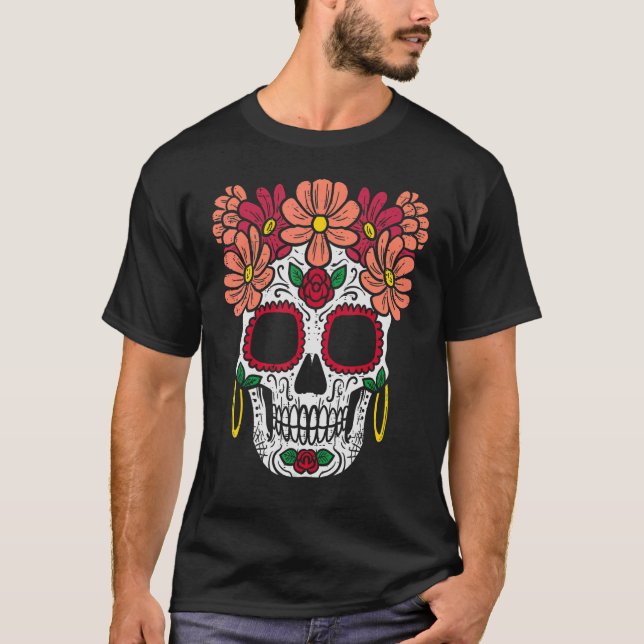 Sugar Skullblommor Head Calavera Blommigt Dia De L T Shirt (Framsida)